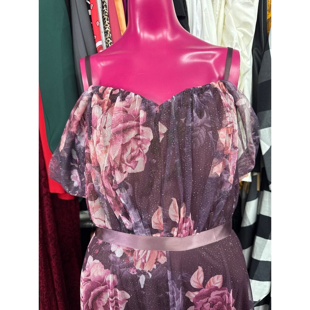 Plum Floral Glitter Mesh Maxi Dress Sweetheart Neckline Off Shoulder size Large